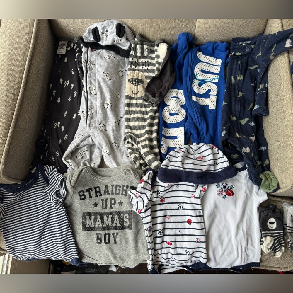 Newborn Baby Boys Sleepers and Onesies - some with matching hats